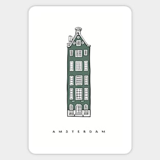 Green Old House. Amsterdam, Netherlands. Hand-drawn sketch of typical Dutch house. Sticker